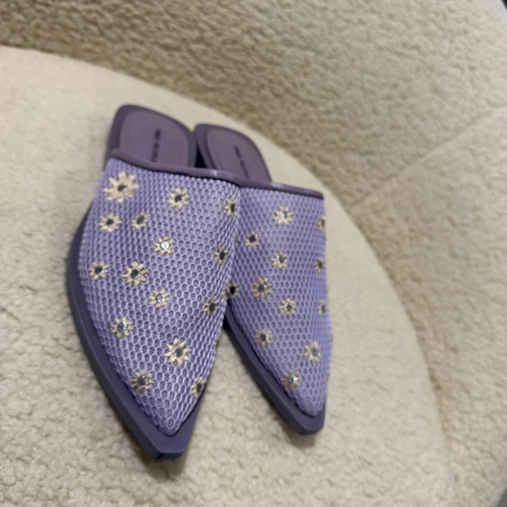 Free People Lavender Floral Mesh Becky Daisy Pointed Toe Mules Size 9 Embroidery